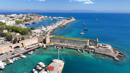 Aerial drone photo of iconic De Naillac landmark  Tower in old town of Rhodes island, Dodecanese,...