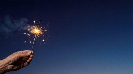 Hand Holding Burning Sparkler Against Deep Blue Twilight Sky