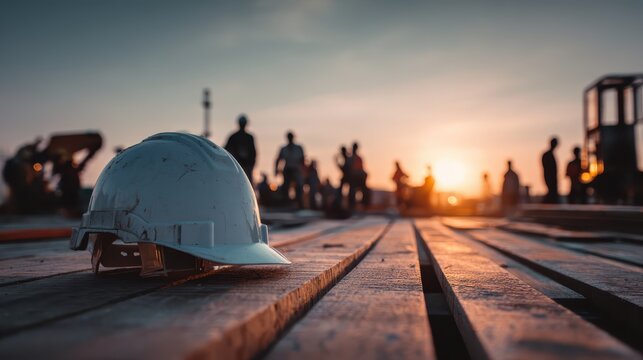 Safety Helmet on Construction Site at Sunset with Silhouetted Workers and Machinery Creating an Atmosphere of Labor and Industry Focus