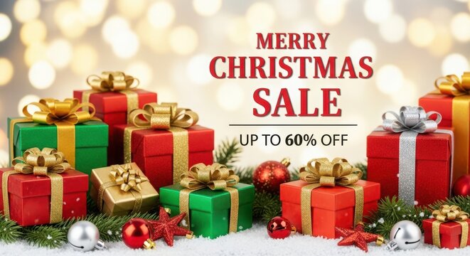 Merry christmas sale promotion with festive gift boxes & decor