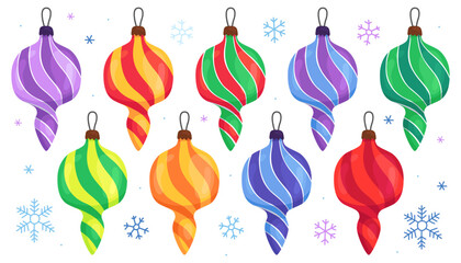 Collection of colorful vintage New Year's toys. Colorful New Year's toys, balls, striped icicles. Christmas tree decor. Cute cartoon illustrations.