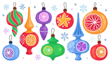 Collection of colorful vintage New Year's toys. Colorful New Year's toys, balls, icicles. Christmas tree decor. Cute cartoon illustrations.
