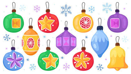 Collection of colorful vintage New Year's toys. Colorful New Year's toys, balls, bell, stars, icicle. Christmas tree decor. Cute cartoon illustrations.