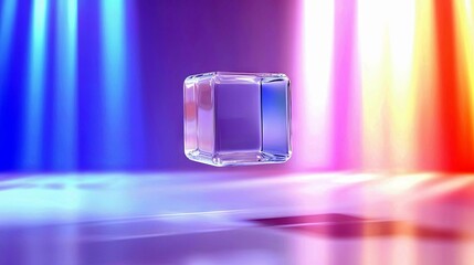 A transparent glass cube levitates in the center of the frame, illuminated by vibrant, abstract beams of blue, purple, pink, and orange light, creating a futuri