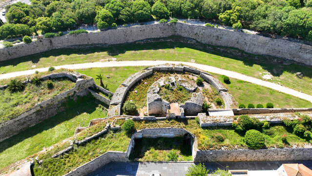 Aerial drone panoramic photo of iconic old town of Rhodes island an Unesco World Heritage site, Dodecanese, Greece