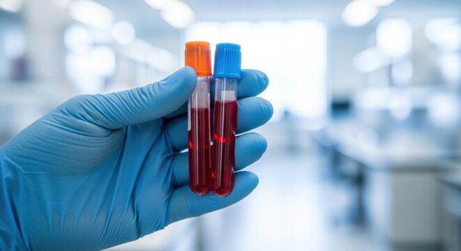 A medical professional's hand in a blue protective glove holds two test tubes filled with red blood samples for analysis inside a bright, modern clinical laboratory