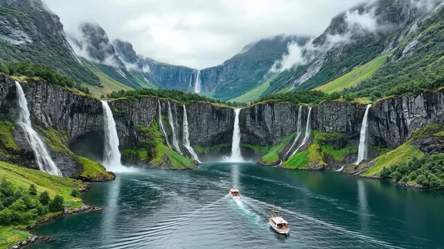 Picturesque view of the langfoss waterfall in norway with boats on the water