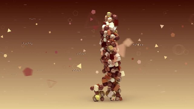 Sweet Strider - An abstract, humanoid figure is intricately formed from numerous small cakes or dessert squares