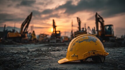 Yellow Safety Helmet on Construction Site with Heavy Machinery and Dramatic Sunset Sky in Background, Industrial Scene Highlighting Worker Safety