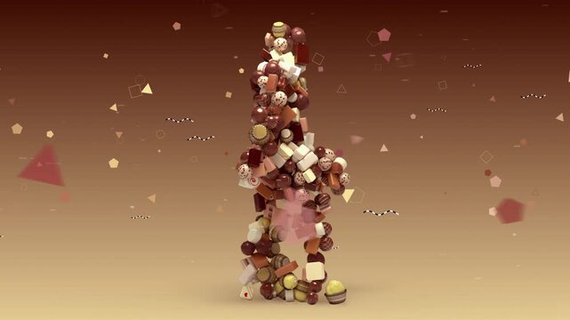 Sweet Strider - An abstract, humanoid figure is intricately formed from numerous small cakes or dessert squares