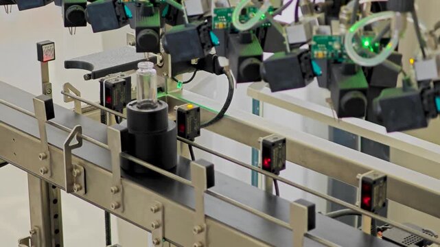 Perfume production. Different scents in bottles. Robotic perfume production line with automated fragrance dispensing. 4K video footage