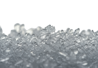 extreme macro of geometric hoarfrost and rime ice crystals clustered against a high-key white background with copy space, reflecting intense light. concept of premium winter texture