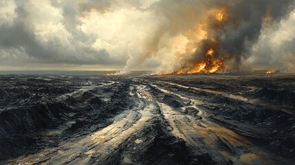 A desolate landscape transformed by tar sands mining operations, conveying environmental destruction. Flames and smoke rise against a stormy sky, symbolizing the consequences of industry