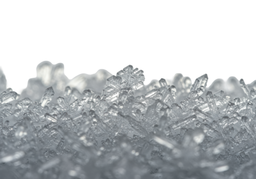 extreme macro of geometric hoarfrost and rime ice crystals clustered against a high-key white background with copy space, reflecting intense light. concept of premium winter texture