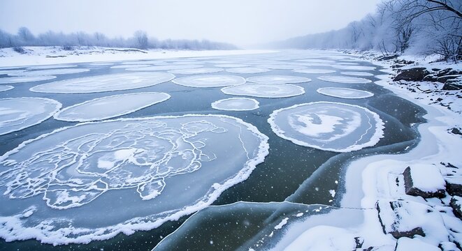 Frozen river landscape with ice circles and snow covered banks creating a serene winter scene perfect for seasonal backgrounds