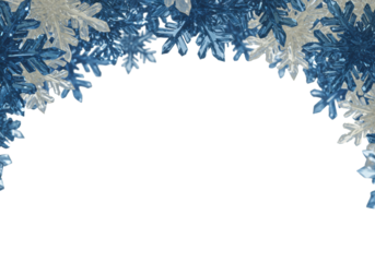 intricate, ultra-detailed crystalline cerulean blue and ivory snowflakes forming an elegant symmetrical top border on a transparent infinity background, high-end festive winter design background