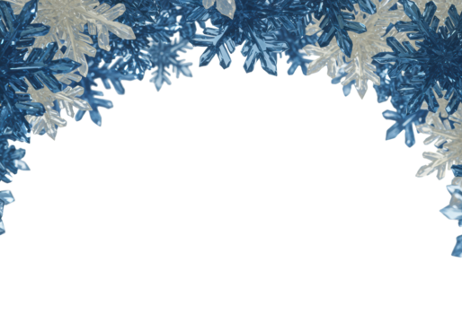 intricate, ultra-detailed crystalline cerulean blue and ivory snowflakes forming an elegant symmetrical top border on a transparent infinity background, high-end festive winter design background
