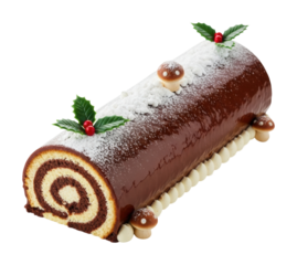 Overhead view of a festive chocolate yule log cake for the holidays isolated on transparent background