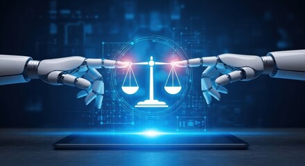 Futuristic robotic hands interact with a glowing digital interface displaying a justice scale icon, illustrating the intersection of artificial intelligence, technology, and legal systems
