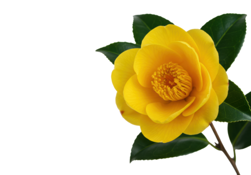 A hyperrealistic macro shot of a single, vibrant yellow camellia flower with crimson stamens and glossy emerald green leaves against a transparent studio background. Concept of perfection nature and