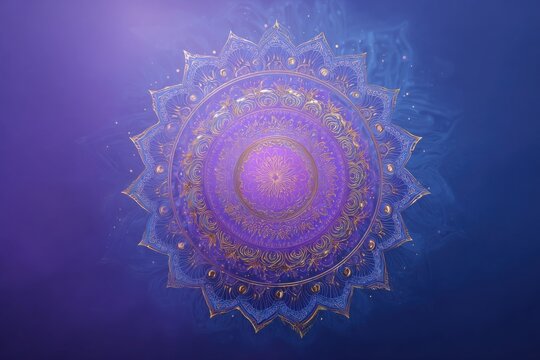 Intricate mandala design in purple and gold featuring detailed patterns against a soft blue background