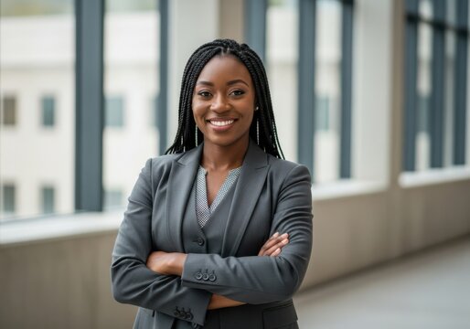 Confident young black woman in business attire smiles with arms crossed indoors