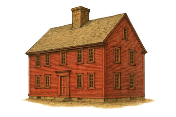Colonial red house illustration representing early american architecture and historical building design on a transparent background