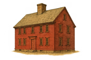 Colonial red house illustration representing early american architecture and historical building design on a transparent background