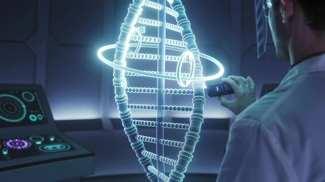  a scientist in a lab coat and protective face shield inspecting a large, glowing, holographic DNA double helix model with floating interface elements in a dark, futuristic genetics laboratory 