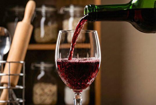 Pouring red wine from a green bottle into a crystal glass with a blurred kitchen pantry background - Powered by Adobe