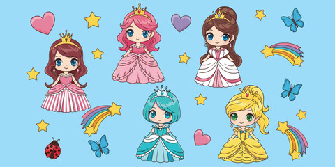 Cartoon princess characters in colorful gowns, crowns, butterflies, hearts, stars, rainbow and ladybug, flat vector illustration