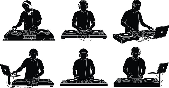 DJ Silhouettes Mixing Music on Turntables and Laptop, Wearing Headphones, Black and White Vector Illustration Set, Club Party