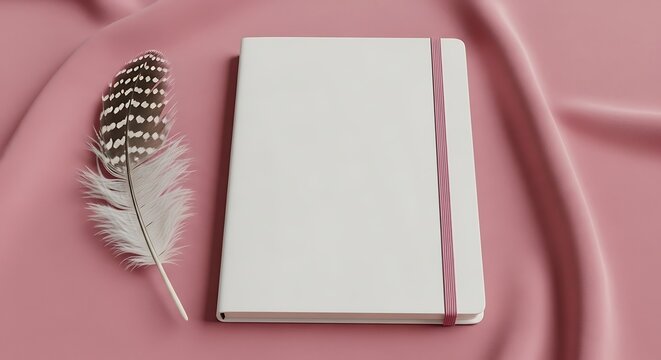 A pristine white notebook with an elastic closure lies on a draped pink fabric, beside a delicate, patterned feather