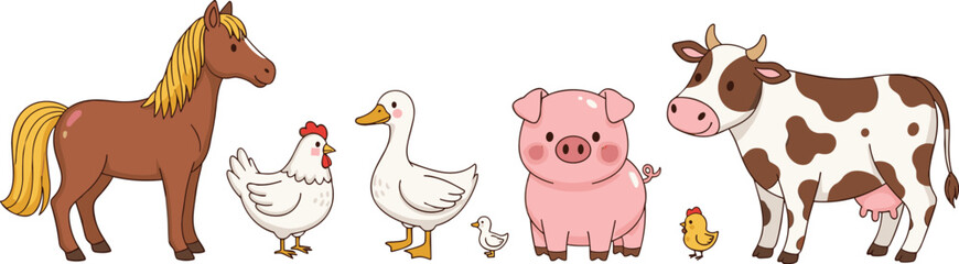 Farm animals cartoon, cute livestock, smiling cow, happy pig, duckling, chick, horse, chicken, duck, children’s illustration, flat vector illustration