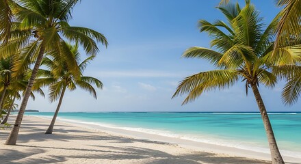 Obraz premium A pristine white-sand beach with crystal clear turquoise water framed by swaying palm trees under a bright blue sky