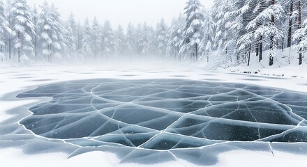 Frozen lake surface with intricate ice patterns and snowcovered trees in a serene winter landscape