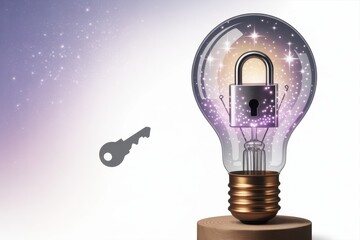 A lightbulb with a lock inside and a key floating nearby on a white and purple background with stars