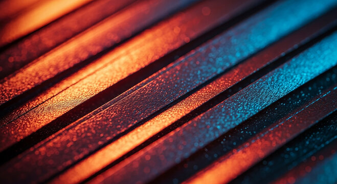 Abstract diagonal stripes of warm orange and cool blue light create a textured metallic surface background