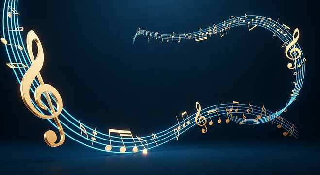 Abstract musical notes and treble clefs swirl in a dynamic glowing blue and gold composition against a dark background