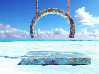 Fototapeta premium A weathered, arch-shaped stone swing hangs from ropes over a white sand beach. In front of it, a rectangular stone pedestal rests on the sand. The background fe