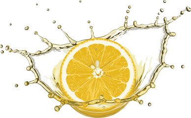 Fresh citrus fruit slice with a dynamic juice splash effect, symbolizing organic refreshment, healthy drink, vibrant flavor, vitamin source, and natural beverage advertising.
