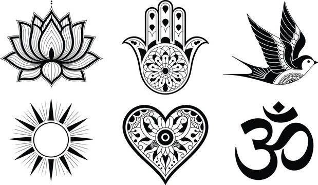Spiritual and Symbolic Vector Icons Set with Detailed Line Art, Featuring Lotus Flower, Hamsa Hand, Om Symbol, Heart, Sun, and Swallows for Wellness and Yoga.