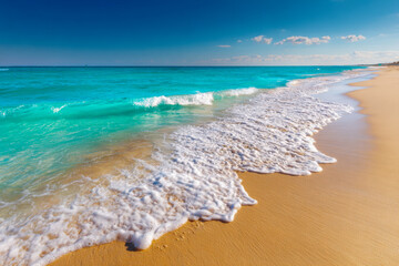 Serene turquoise ocean waves gently lapping onto a wide, clean sandy beach under a bright blue sky with distant clouds on a sunny day