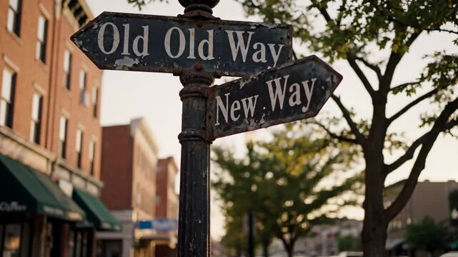 Rusted, weathered street signpost at an urban intersection offering a choice between the old way and the new way, symbolizing decision making, change, tradition, and progress in life