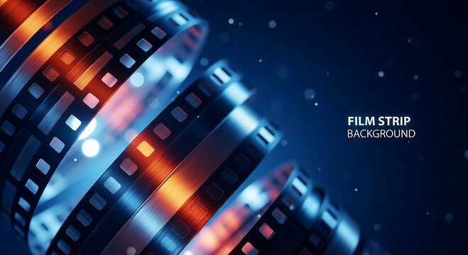 Abstract cinematic film reel with vibrant blue and orange lights creating a dynamic and futuristic motion picture background