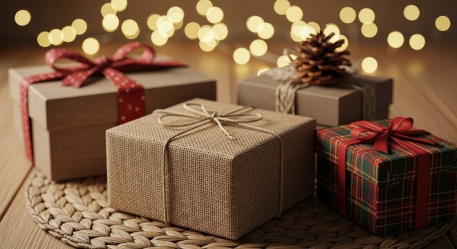 Beautifully wrapped holiday presents in rustic burlap, tartan plaid, and kraft paper are arranged on a woven mat, creating a warm and cozy festive scene with glowing lights - Powered by Adobe