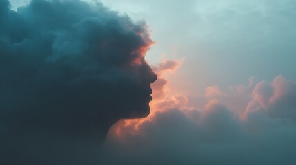abstract silhouette of human head dissolving under heavy clouds, soft gradient lighting, surreal metaphor for depression, minimal modern style, v7 