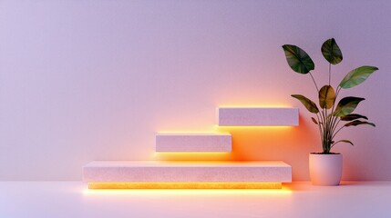 Three minimalist, tiered white pedestals illuminated by warm orange neon lights, with a potted green plant to the right, set against a soft purple and pink grad