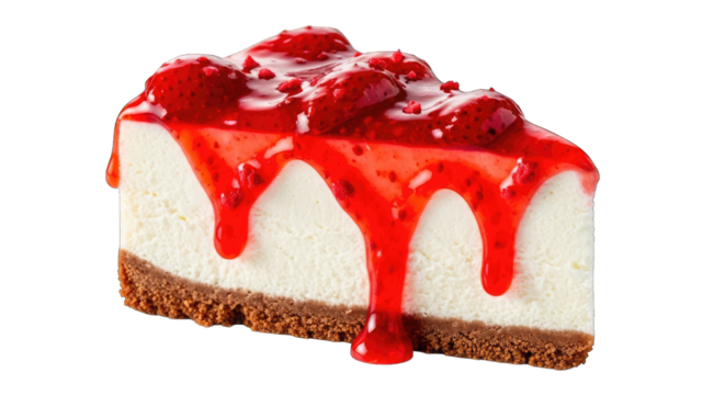 Slice of delicious strawberry cheesecake isolated on transparent background