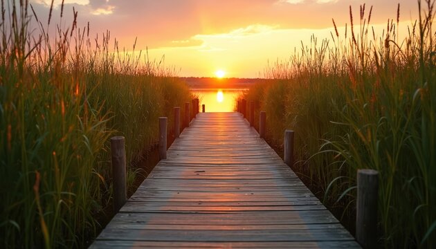 Wooden walkway through tall marsh grass leads to calm water at sunset. Sun sets over horizon reflecting on the lake surface. Peaceful nature scene.